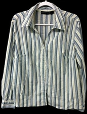 Attention 22W blue yellow striped button down women's long sleeve top
