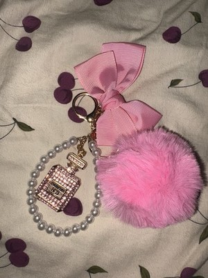 Pink Bow Perfume Bottle Faux Fur Pom Pom Key Chain with Pearl Beads   
