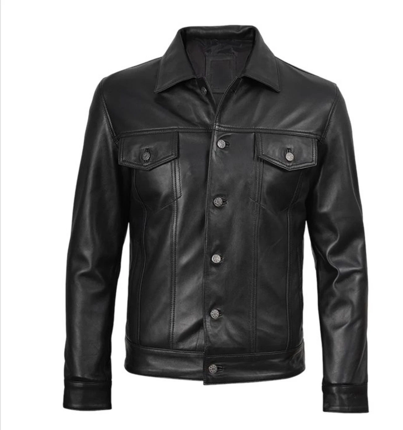 Men’s Sheepskin Real Leather Jacket – Black Button Front Leather Coat – Classic