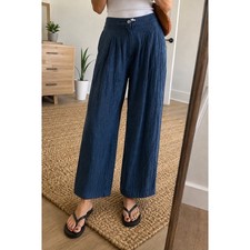 Halston Womens Blue 100% Linen Wide Leg Pleated High Rise Trousers Pants Size 6