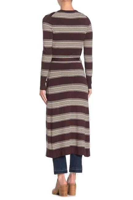 Vertigo Longline Duster Cardigan Sweater L  Coffee Vanilla Black Striped  B89 - Image 2 of 4