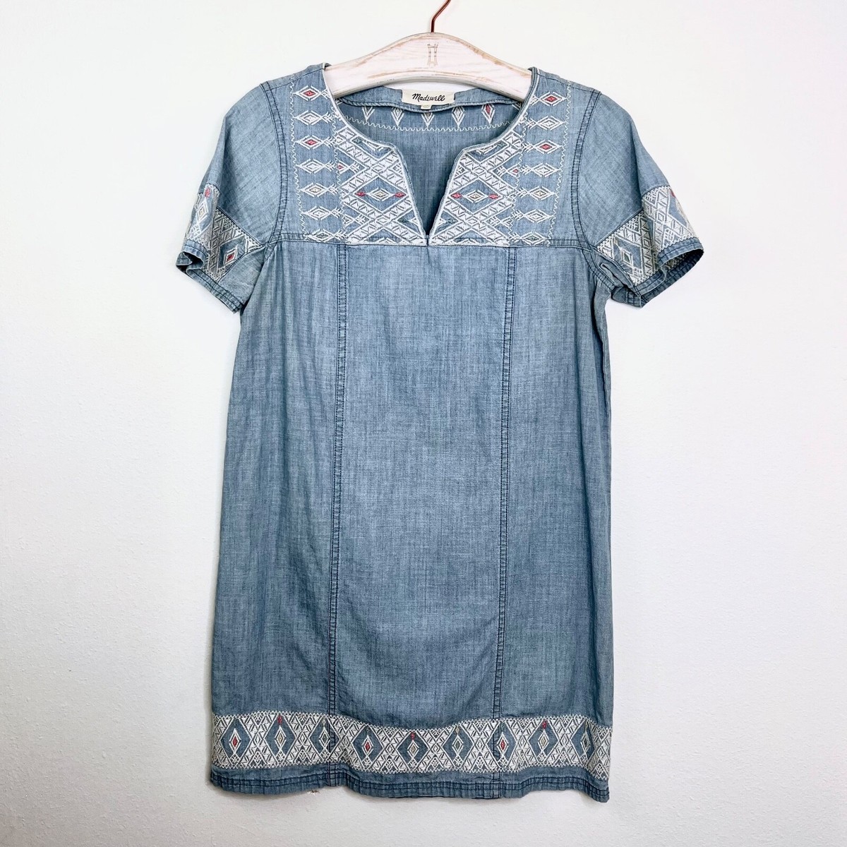 Madewell Short Sleeve Dress Blue Aztec Embroidery Tribal Boho Denim  Chambray XS