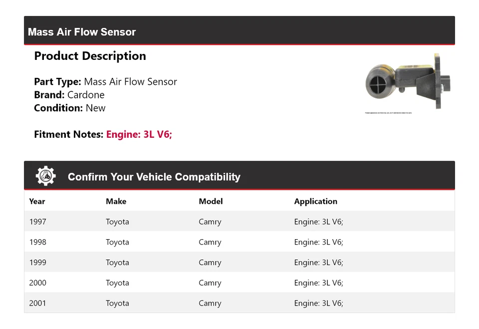 Sensor de flujo de aire másico Cardone 1998 1999 2000 para Toyota Camry 1997-2001 3L V6 Foto 2 de 4