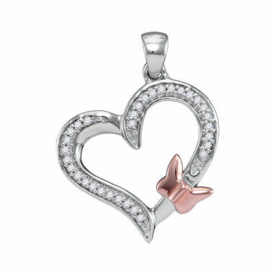 10k Weißgold runder Diamant Herz Schmetterling Käfer zweifarbig Rose Anhänger 1/10 ctw