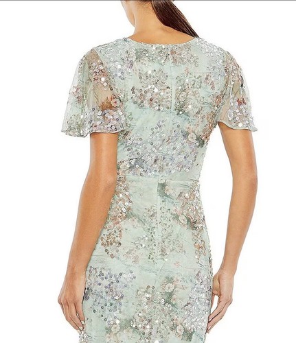 Mac Duggal Floral Sequin Short Butterfly Sleeve Faux Wrap Thigh High Slit Gown - Picture 4 of 15