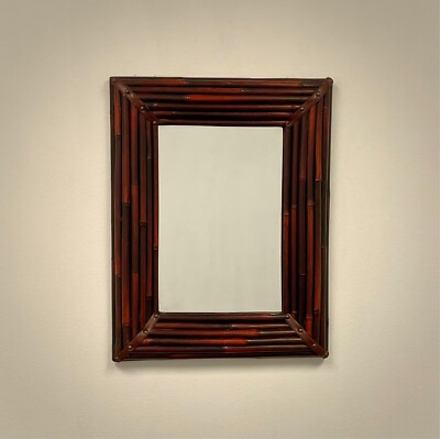 Vintage Bamboo Wall Mirror Rectangular Wood Frame Rustic Tropical Boho Decor