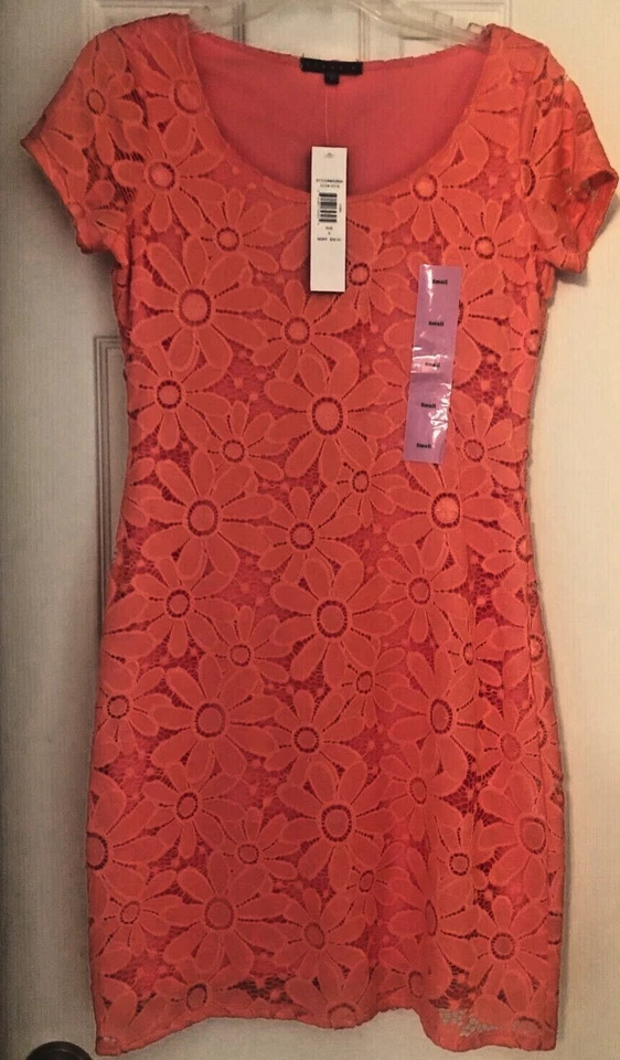 Tiana B Sheath Dress Floral Lace, Short Sleeve, Size Small, Turquoise Coral NEW - Image 4 of 4