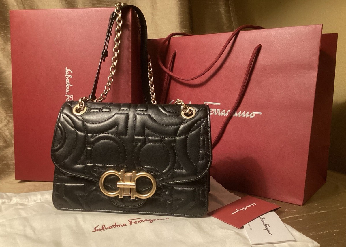 Authentic Salvatore Ferragamo Black Quilted Leather Shoulder