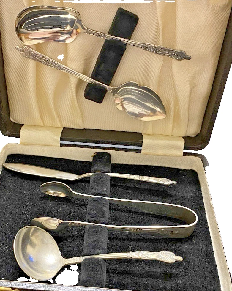 Cased 5 Piece Silver Plated "Apostle" Cutlery - Tongs/Ladle/Butter/Sugar/Jam