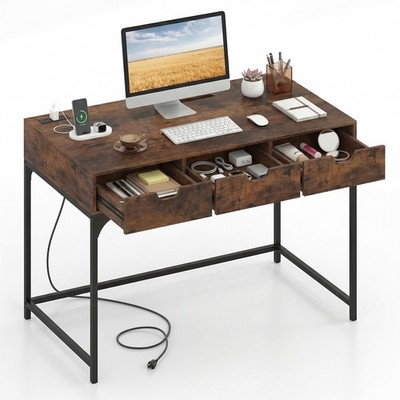 Office Desk with Power Outlets,43.5'' Modern Writing Desk with Hidden Compartment