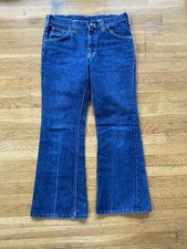Vintage 70s Lee Riders 32x29 Bell Bottom Raw Denim Jeans Made In USA Dark Wash