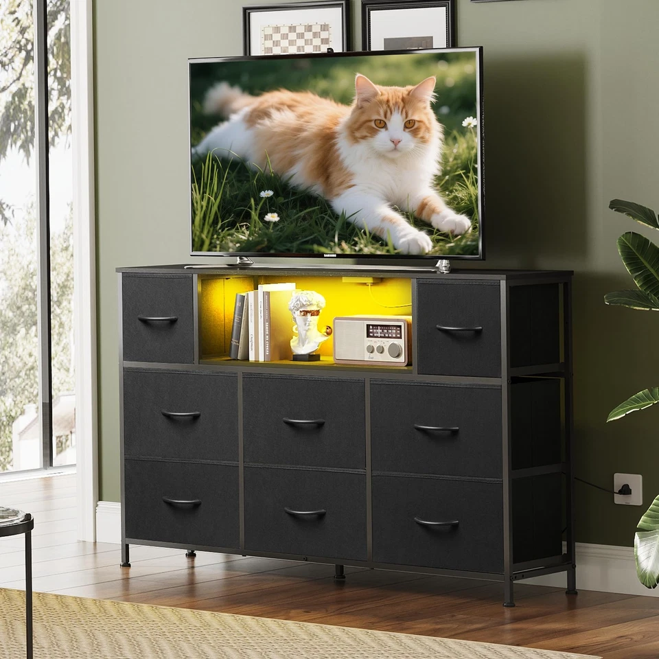 Suporte de TV preto para TV de 45, 50, 55 polegadas, centro de entretenimento com luzes LED e... - Imagem 2 de 4