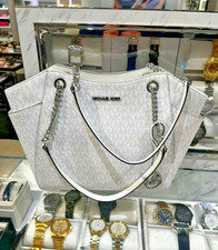 Michael Kors Jet Set Large Women MK Logo Chain Shoulder Tote Bag Optic White