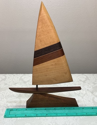 Mid Century Danish Modern Style Mixed Wood Inlay Sailboat Sculpture w Stand 10”T - Picture 7 of 7
