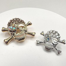 Vintage 90s Skull & Crossbones Gold Silver Rhinestone Charm Brooch Pin Jewelry