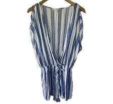 Hawaiian Tropic Stripe Faux Wrap Shoulder Cutouts Swim Cover Up Romper L
