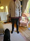 Mens XL Varsity Bomber Jacket Cream Navy Red Fleece Lined Retro Style