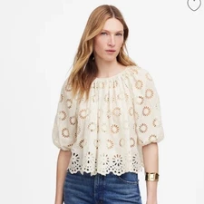 Madewell Top Womens Small Embroidered Shirred Puff Sleeve Eyelet Cream NV195