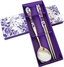 Chinese Purple Rose Stainless Steel Chopsticks and Spoon Set