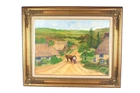 English Village Landscape Man Walking Horses Oil Painting  Signed Carmel Dann