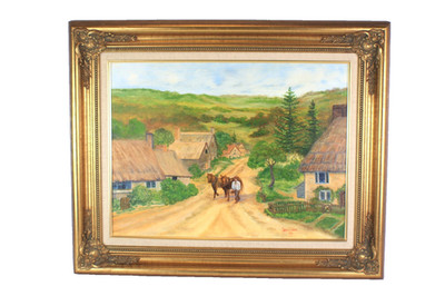 English Village Landscape Man Walking Horses Oil Painting  Signed Carmel Dann