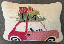 Large Retro Red Car with Christmas Tree 20" x 14" Hooked Holiday Throw Pillow