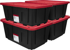 27 Gallon Stackable Snap Lid Plastic Storage Bin Container, Black with Red Lid,