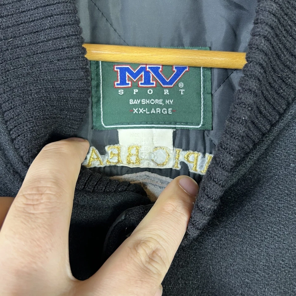 Chaqueta de bombardero Olympic Bearing de cuero de lana negra bordada universitaria 2XL Foto 3 de 4