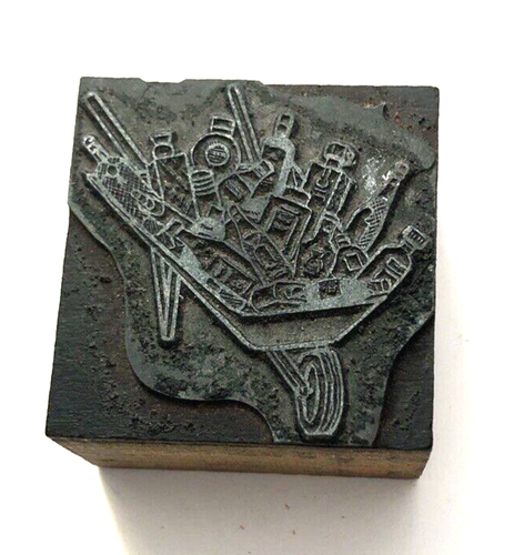 Bloque de impresión tipográfica de colección madera metal-carretilla con botellas 1 1/2" - Imagen 2 de 4
