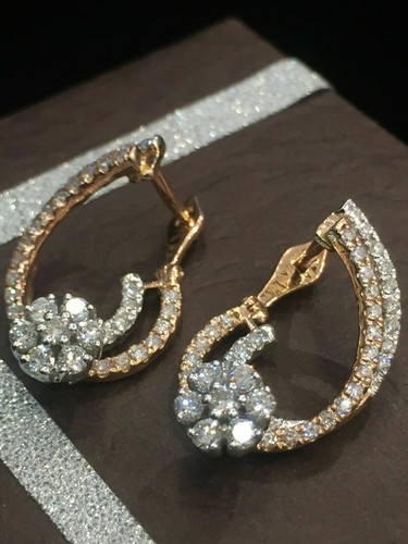 Pave 1.16 Cts Round Brilliant Cut Diamonds Hoop Earrings In 585 Stamped 14K Gold - Picture 3 of 12