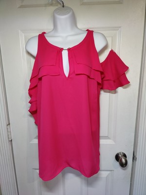 Bold Elements Luau Hot Barbie Pink Cold Shoulder Ruffle Cutout Gold Bar Top L Nw