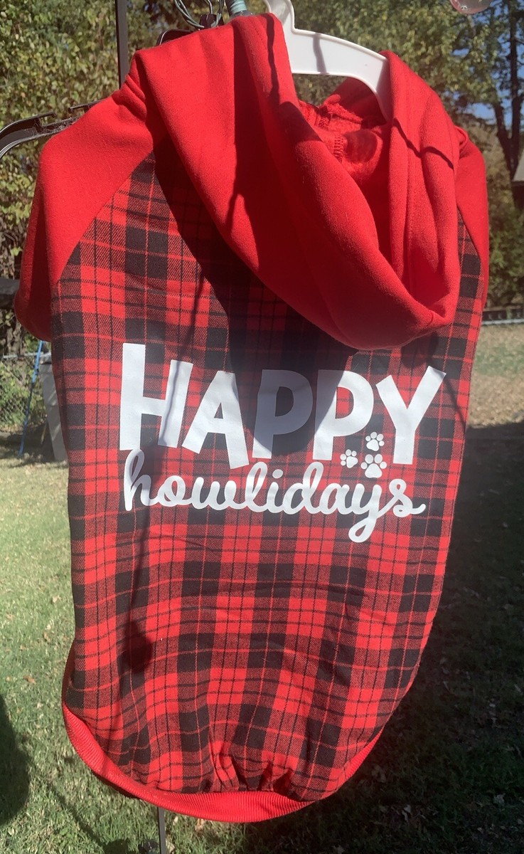 Happy Howlidays Red Plaid Dog Hoodie Warm Fleece Pullover Sweater 