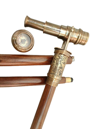 Nautical Wooden Walking Stick Cane Spyglass Antique Telescope On Top Compass - Picture 3 of 10