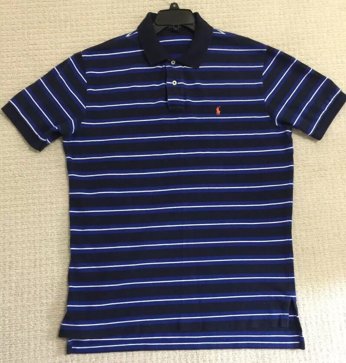 Men’s Ralph Lauren Polo Shirt Blue Navy And White Stripe Navy Collar  Excellent