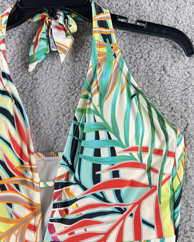 Traje de baño Kenneth Cole Top para mujer mediano blanco rojo verde halter hojas tropical Foto 4 de 4