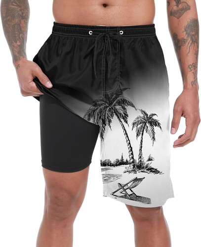2 in 1 Mens Swim Trunks with Compression Liner Quick Dry 9" Board Shorts Beach - Picture 30 of 35