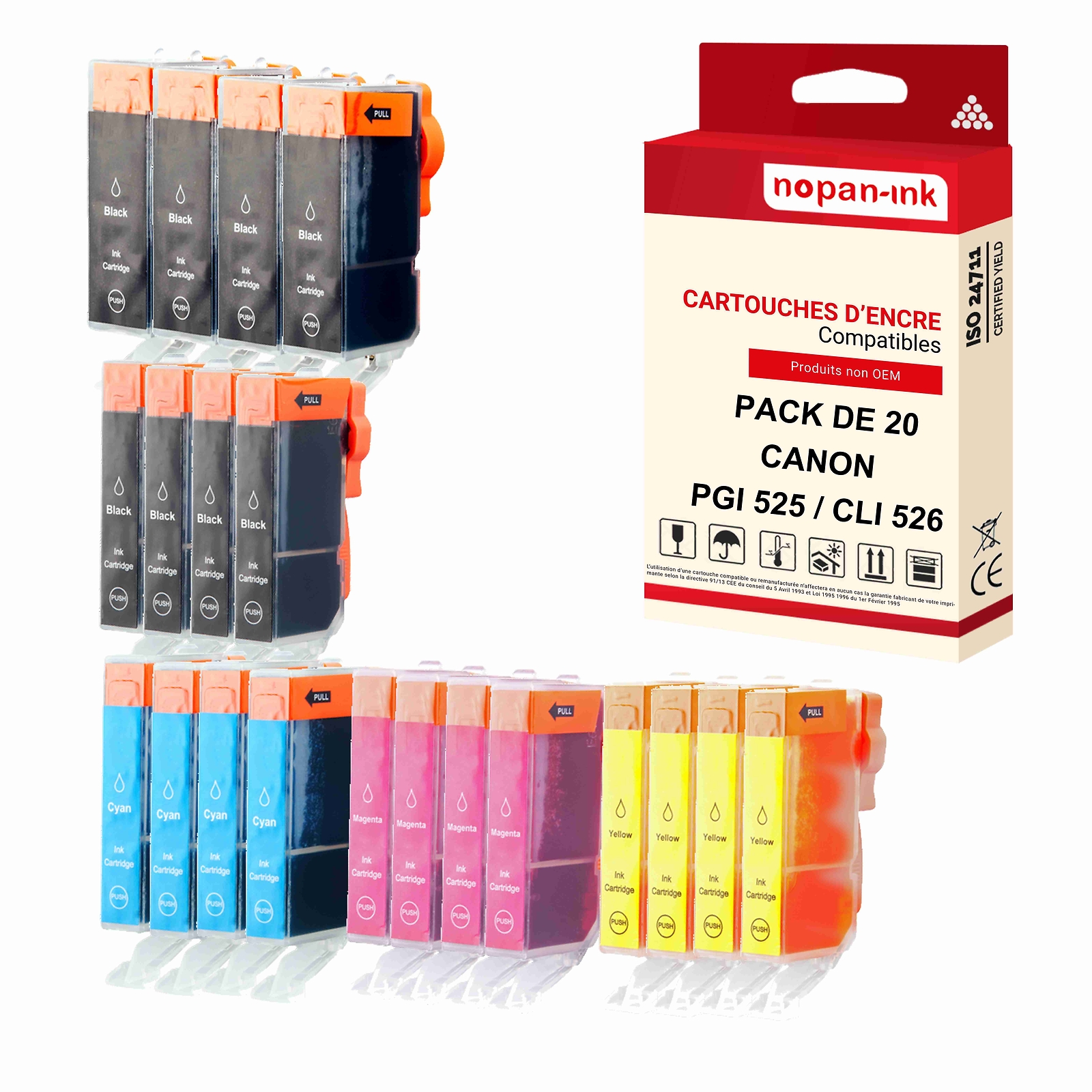 Cartouche Canon PGI 525XL couleur et noir NOPAN-INK pour imprimer photos de famille et devoirs x20