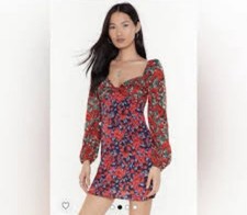 Nasty Gal Size 4 Steal the Show Red Floral Mini Dress Long Puff Sleeves  
