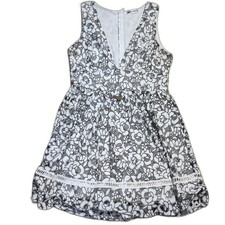 Vintage Boho Gray White Floral Print Sleeveless Mini Dress Shift V-Neck Large