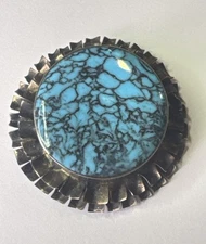 Vintage Turquoise Mexican Sterling Silver Sun Flower Brooch Pin 925 Mexico 29g