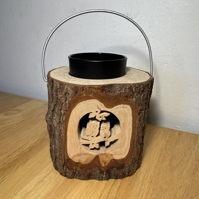 Einzigartiger handgeschnitzter Teelicht Kerzenhalter Eulen auf Ast 8'' hoch mit Griff