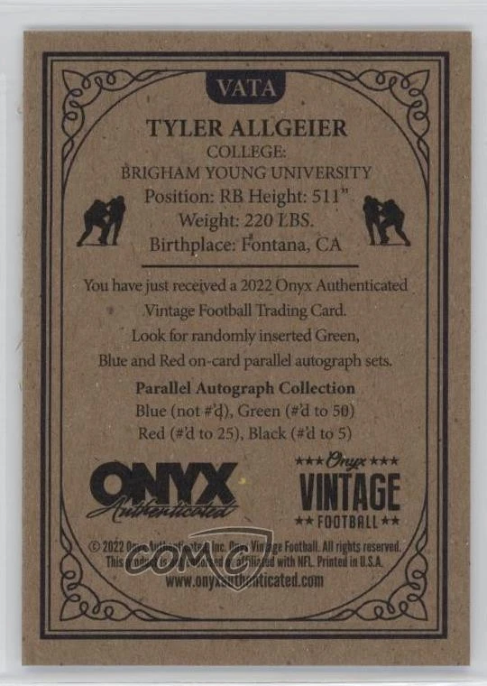 2022 Onyx Vintage Blue Signatures Tyler Allgeier #VATA Rookie Auto RC - Image 2 of 3