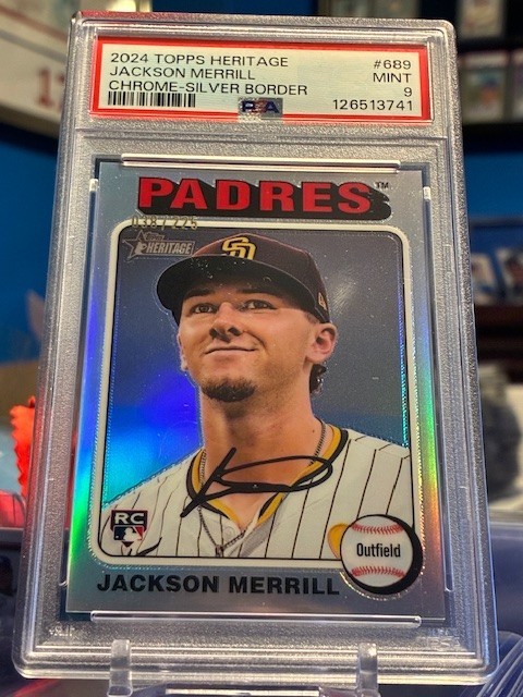 2024 Topps Heritage #689 Jackson Merrill RC Chrome Silver Refractor 38/225 PSA 9