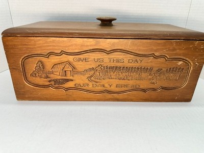 Vintage Rustic Pine Wood Bread Box ''Give Us This Day Our Daily Bread'' Engraved