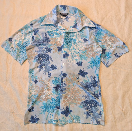 Chrome Vintage 70s Men's Blue Floral Butterfly Print Acetate Button Up LG USA - Picture 3 of 8