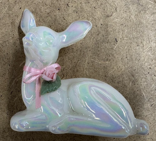 Fenton Art Glass Deer Figurine w/ Rose & Ribbon Opal - GREAT CONDITION