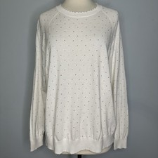 Minnie Rose White Cotton Cashmere Relaxed Frayed Edge Crew Studs Sweater Size S