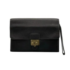 Auth HERMES Pochette Jet Black Leather Circle L Mens Clutch Bag