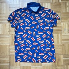 Tipsy Elves Golf Polo Shirt Mens XL Blue Hotdog Performance All Over AOP