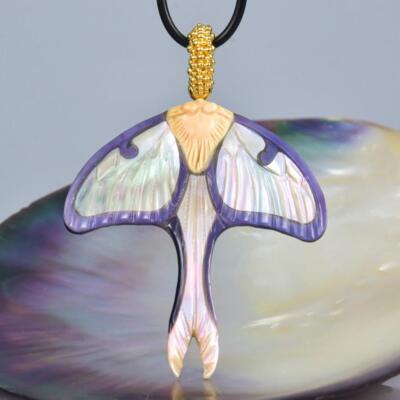 Luna Moth Butterfly Pendant Carved Shell & Gold Vermeil Sterling Silver 8.62g